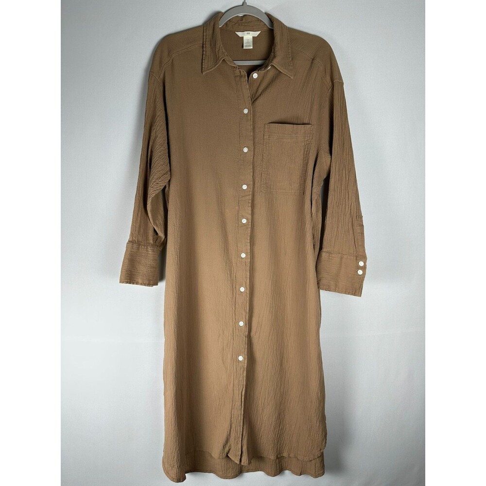 H&M Brown Crinkle Cotton Button Front Midi Shirt Dress S Brown Casual Minimalist
